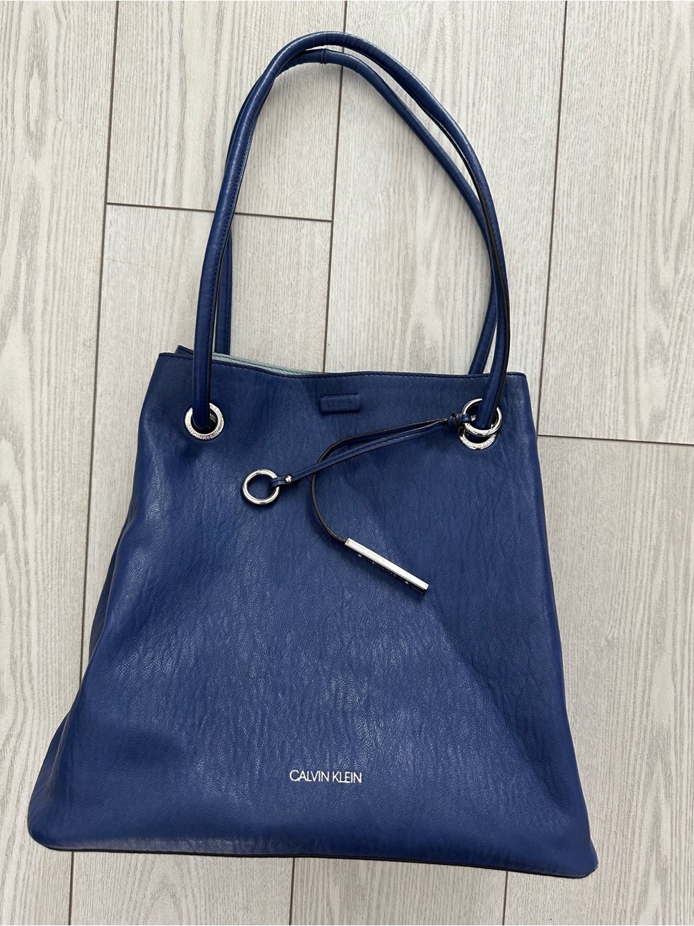 Calvin Klein Deep Blue Leather Tote with Silver Accents
